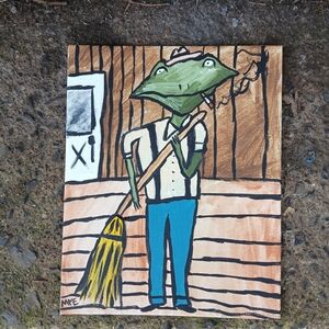Frog Sweeping Porch Painting Folk Art Original